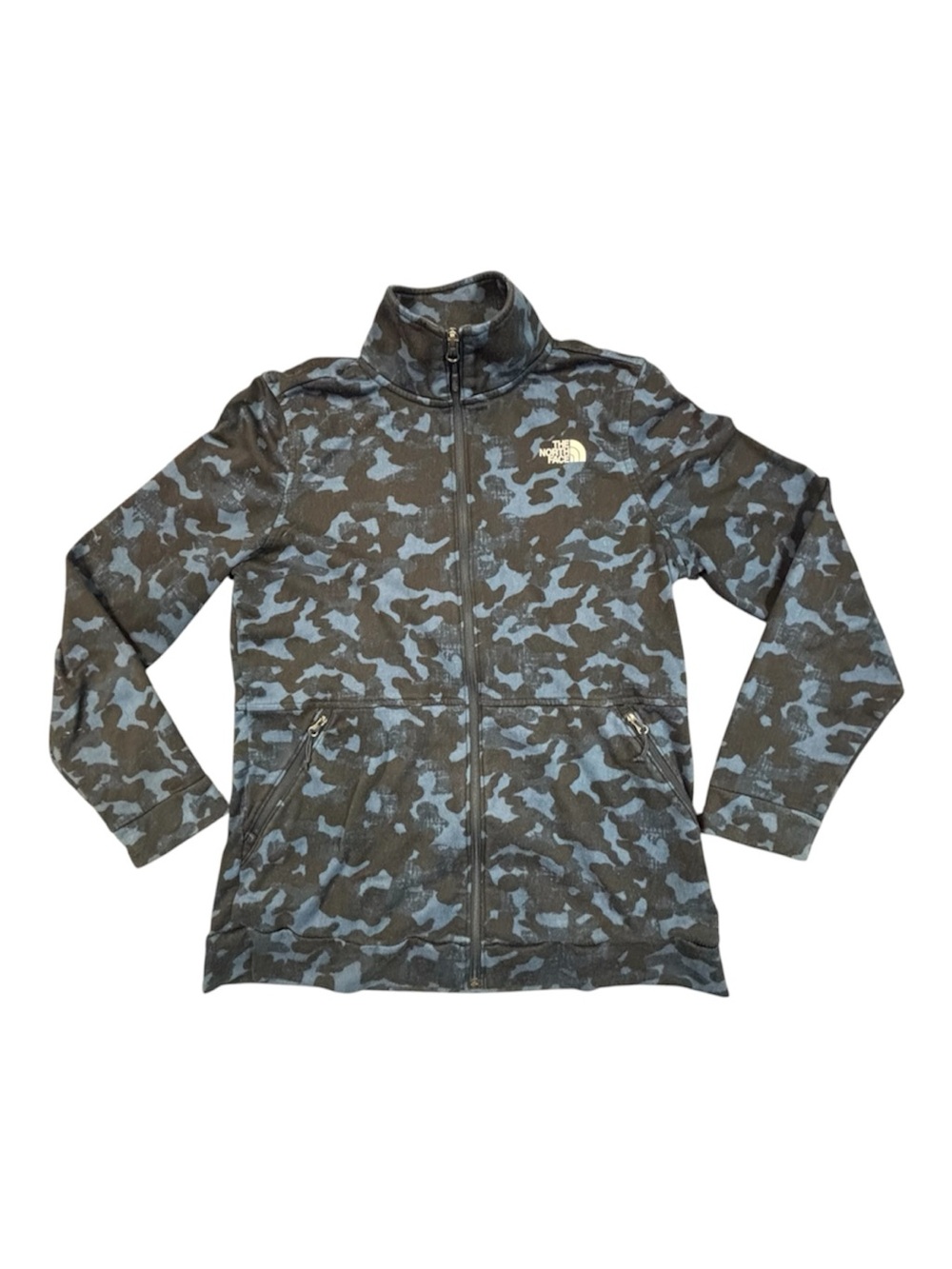 The North Face Womens L Blue Camo Full Zip Fleece Jacket NF0A3RT7 Outdoor Warm